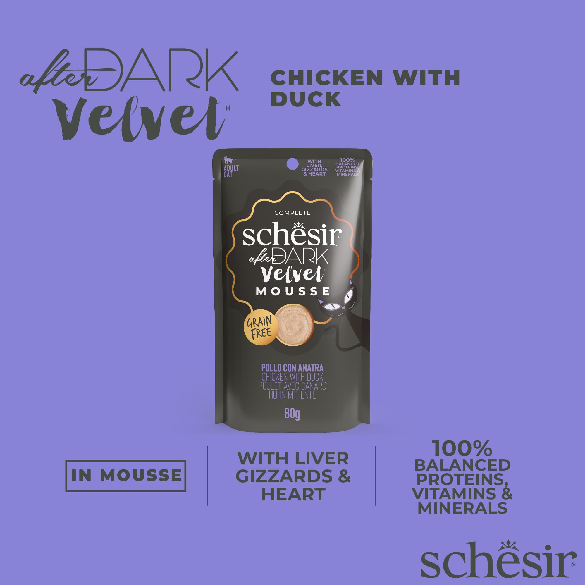 Schesir Cat After Dark Velvet Mousse 80g Chicken with Quail Egg Pouch Wet Cat Food image 4
