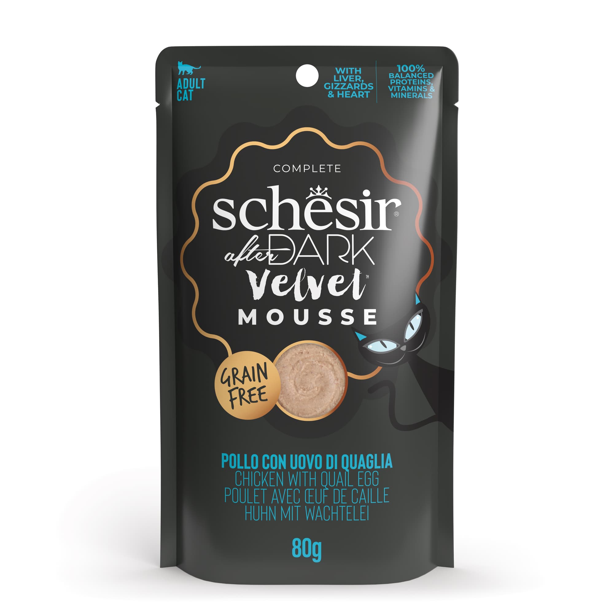 Schesir Cat After Dark Velvet Mousse 80g Chicken with Quail Egg Pouch Wet Cat Food image 1