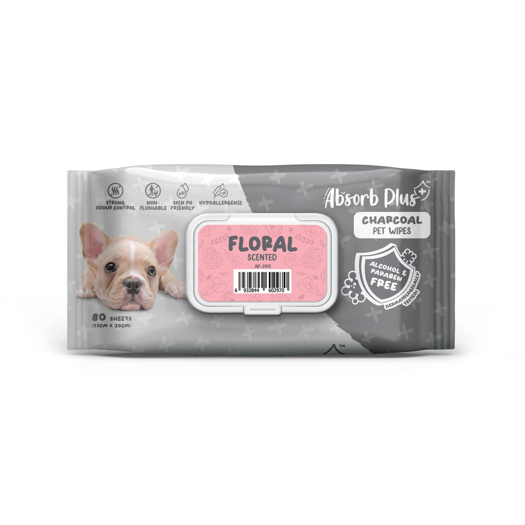 Absorb Plus Charcoal Pet Wipes 80 Sheets (15cm x 20cm) Floral image 1