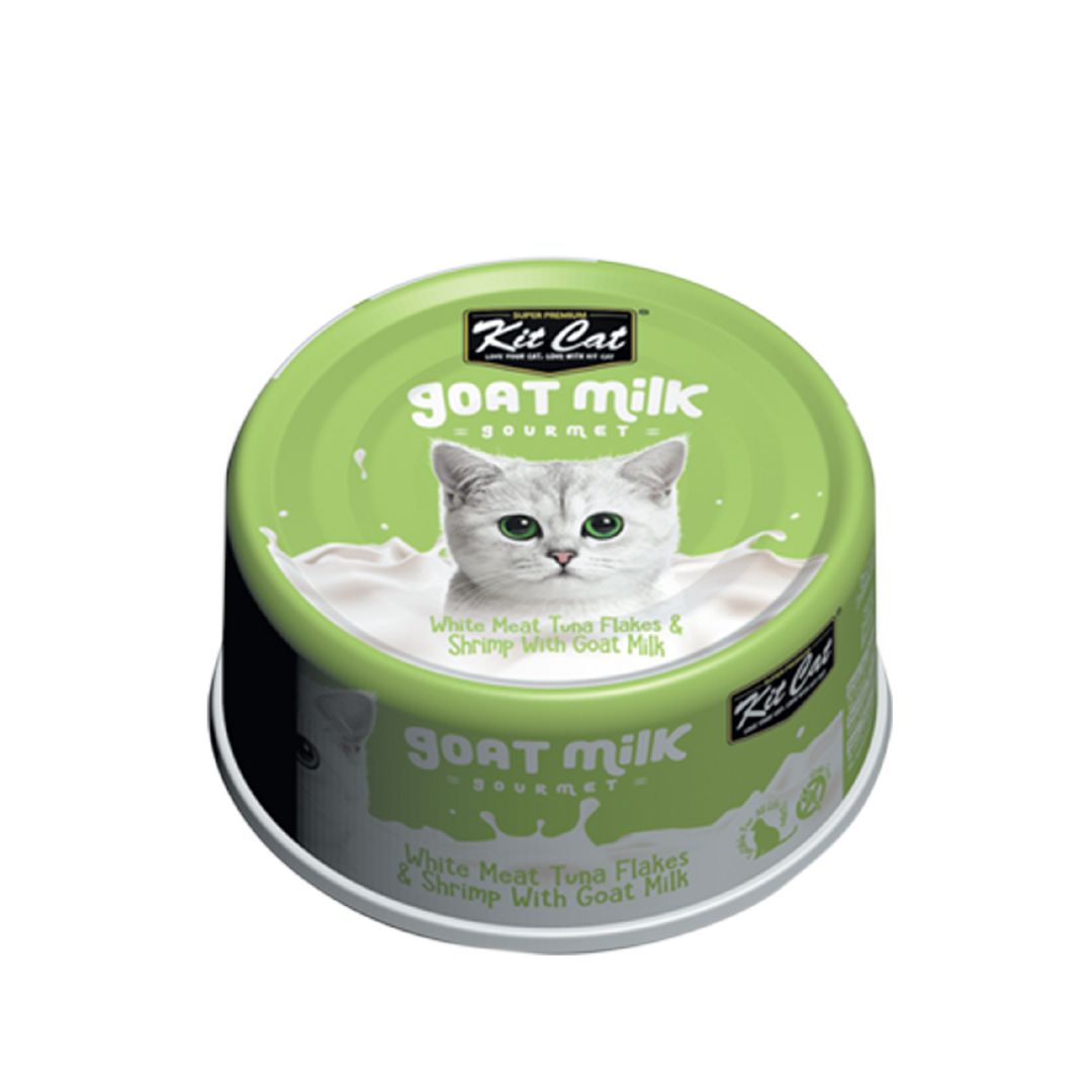 (exp: 21 Nov 2027) Kit Cat 70g Goat Milk Gourmet White Meat Tuna Flakes & Shrimp With Goat Milk Wet Cat Food