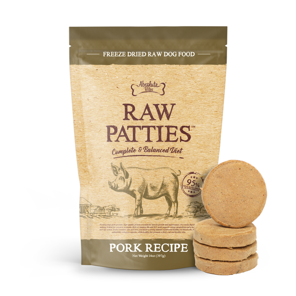 (exp: 08 Sep 2026) Absolute Bites Dog 14oz Freeze Dried Pork Recipe Raw Patties Dry Dog Food