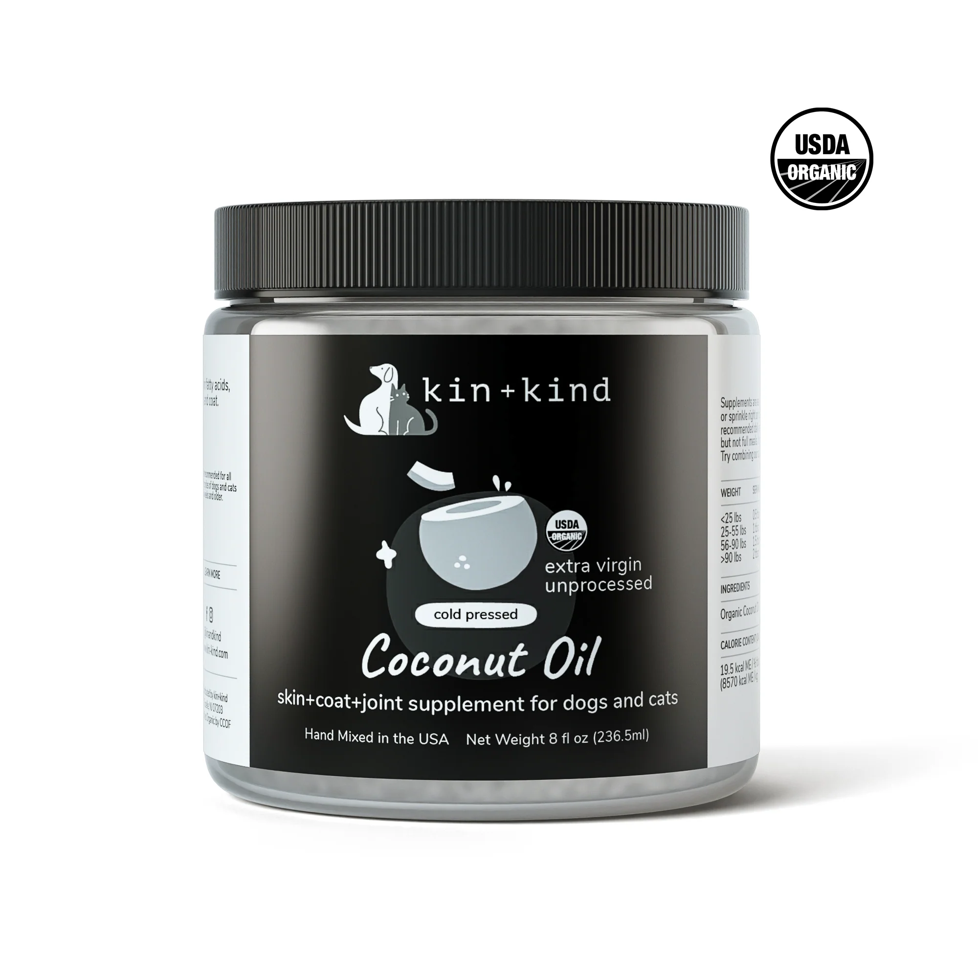 (exp: Dec'2026) Kin+kind 8oz (236ml) Raw Coconut Oil Skin Coat Joint Supplement For Dogs & Cats