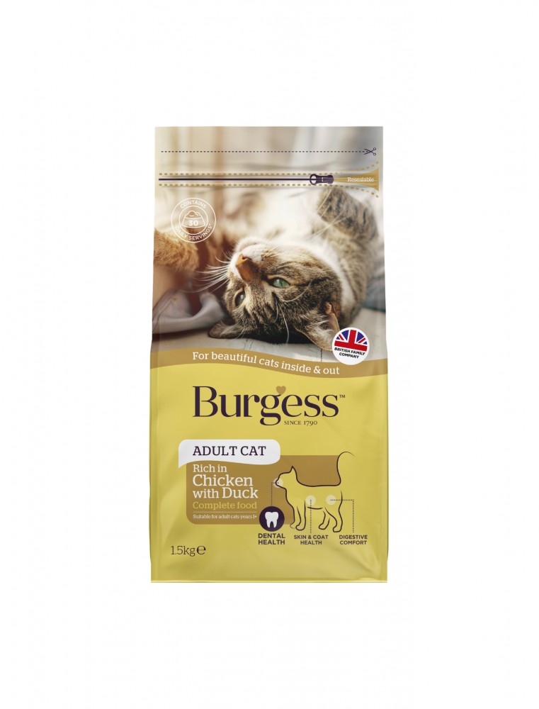 (exp: 07 May 2026) Burgess Cat 1.5kg Chicken & Duck Adult Dry Cat Food