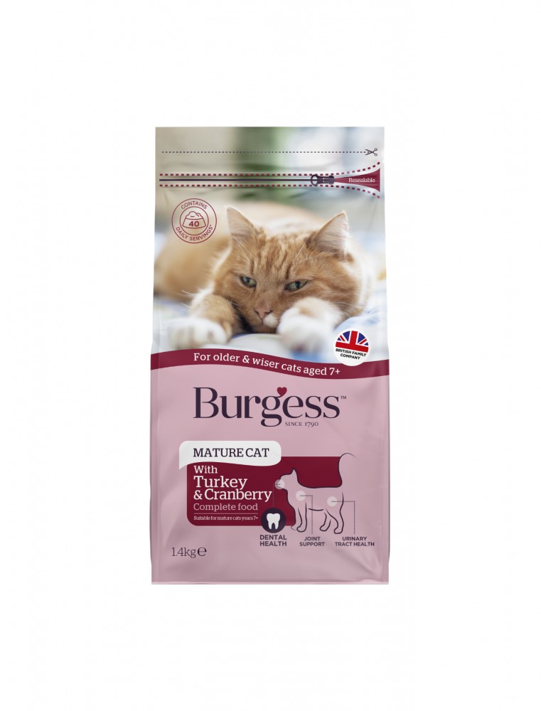 (exp: 02 Mar 2026) Burgess Cat 1.4kg Turkey & Cranberry Mature Dry Cat Food
