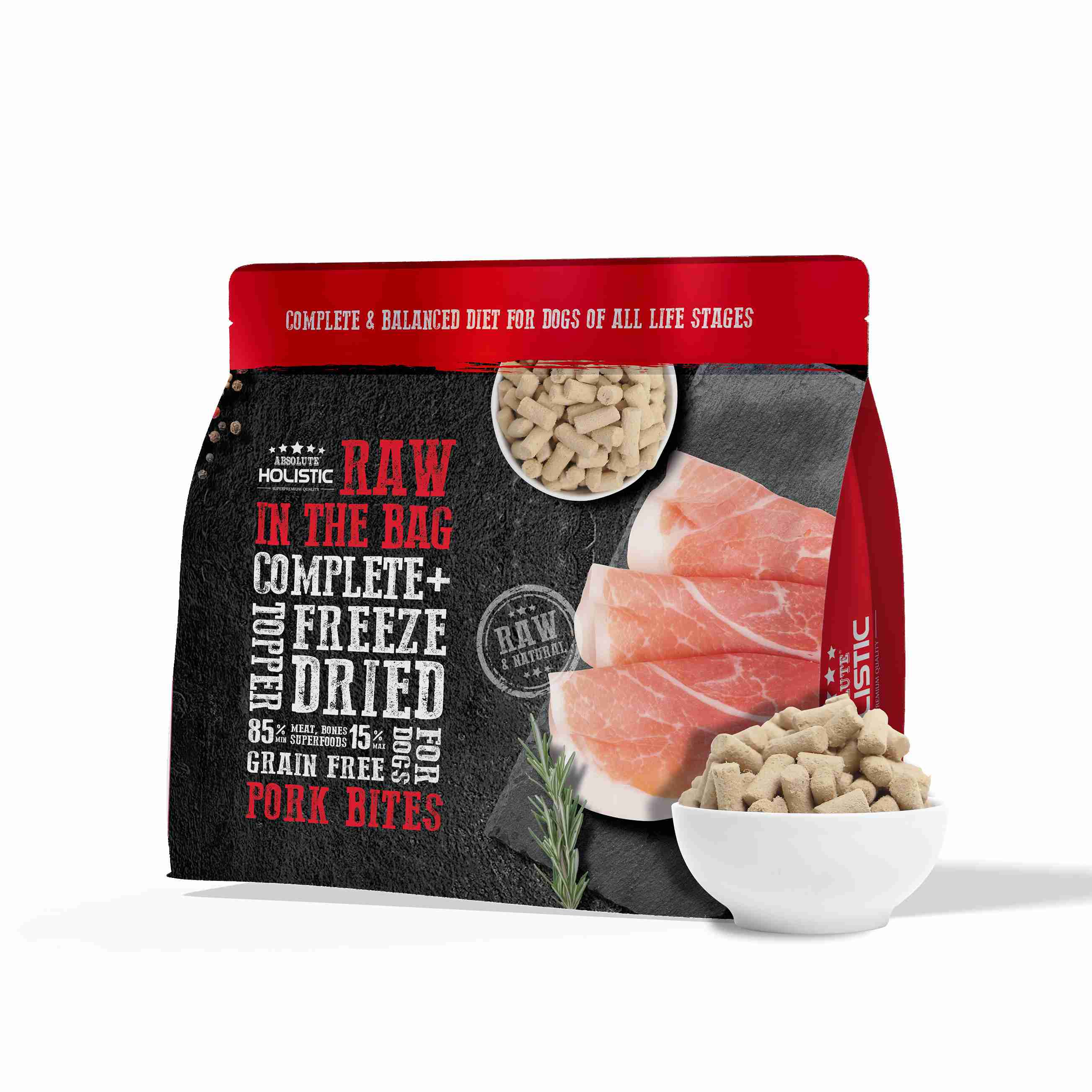 (exp: 15 Apr 2027) Absolute Holistic Raw In The Bag 14oz Pork Bites Complete Freeze Dried Dog Food