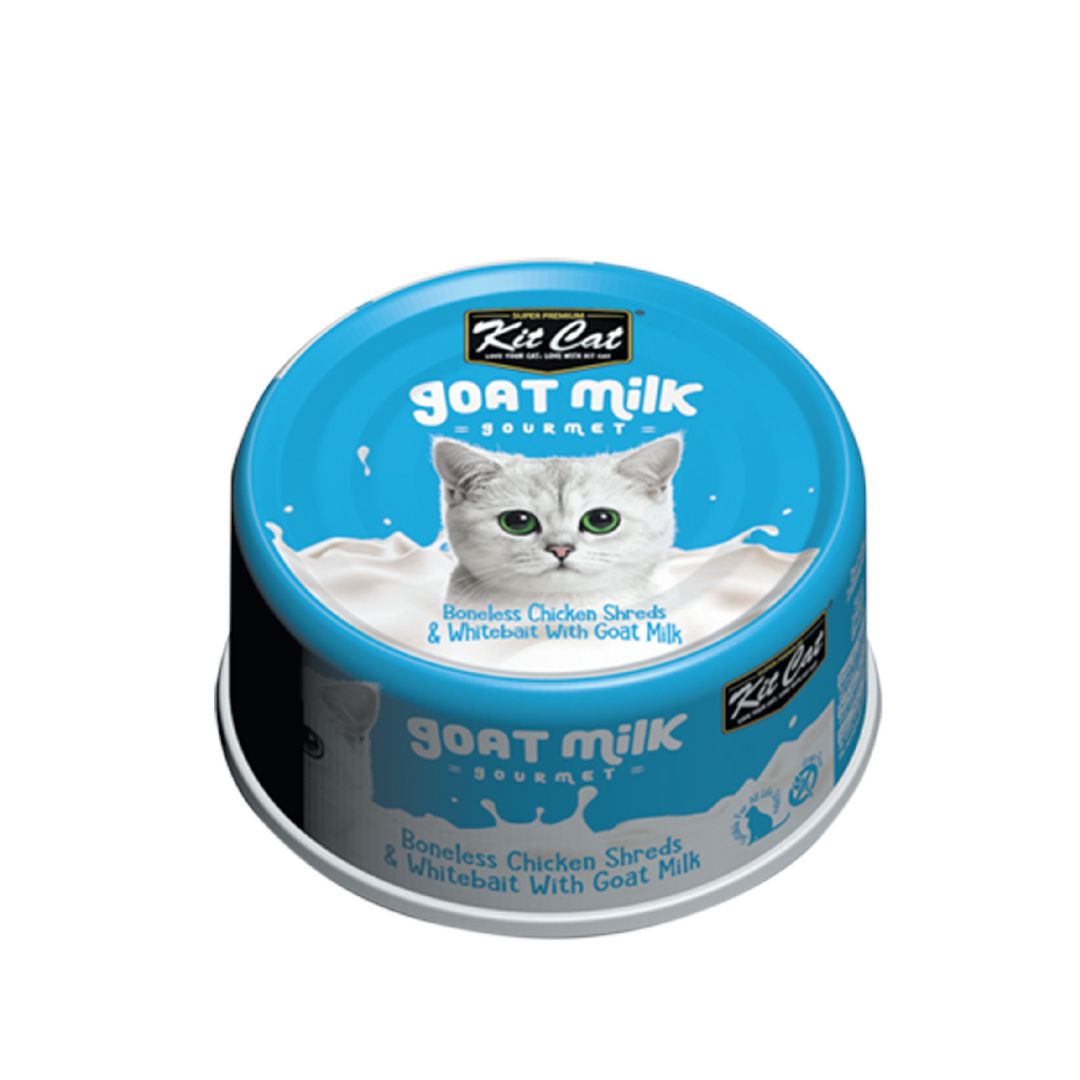 (exp: 28 Mar 2028) Kit Cat 70g Goat Milk Gourmet Boneless Chicken Shreds & Whitebait With Goat Milk Wet Cat Food