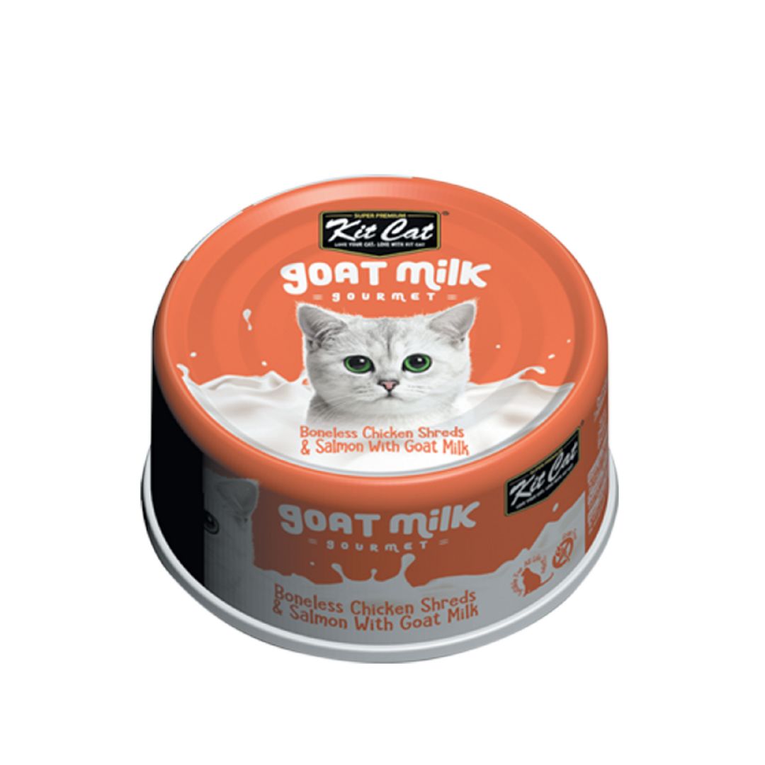 (exp: 04 Dec 2027) Kit Cat 70g Goat Milk Gourmet Boneless Chicken Shreds & Salmon With Goat Milk Wet Cat Food