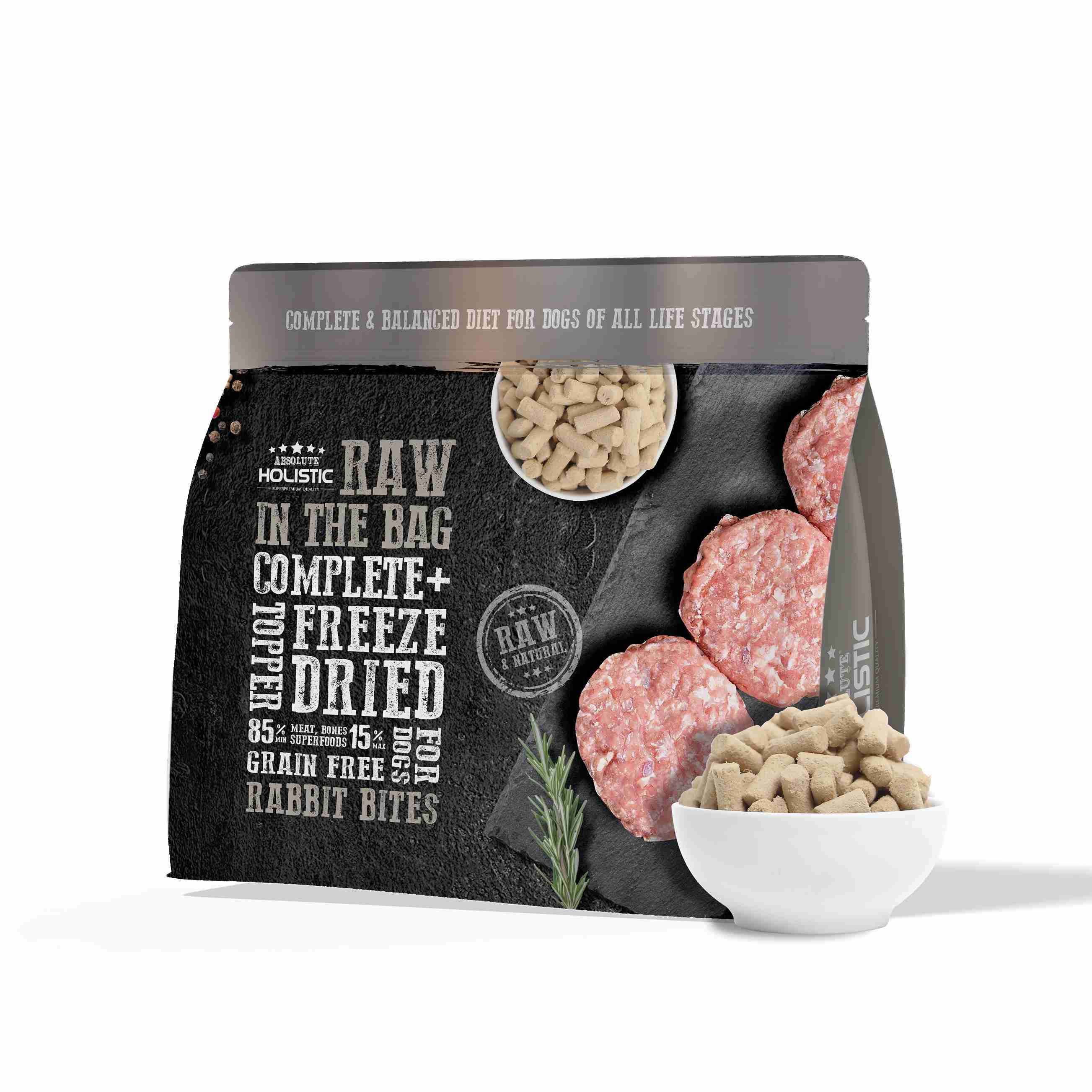 (exp: 15 Apr 2027) Absolute Holistic Raw In The Bag 14oz Rabbit Bites Complete Freeze Dried Dog Food