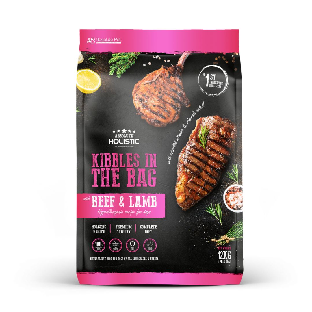 (exp: 12 Apr 2027) Absolute Holistic Dog 12kg Kibbles In The Bag Beef & Lamb Dry Dog Food