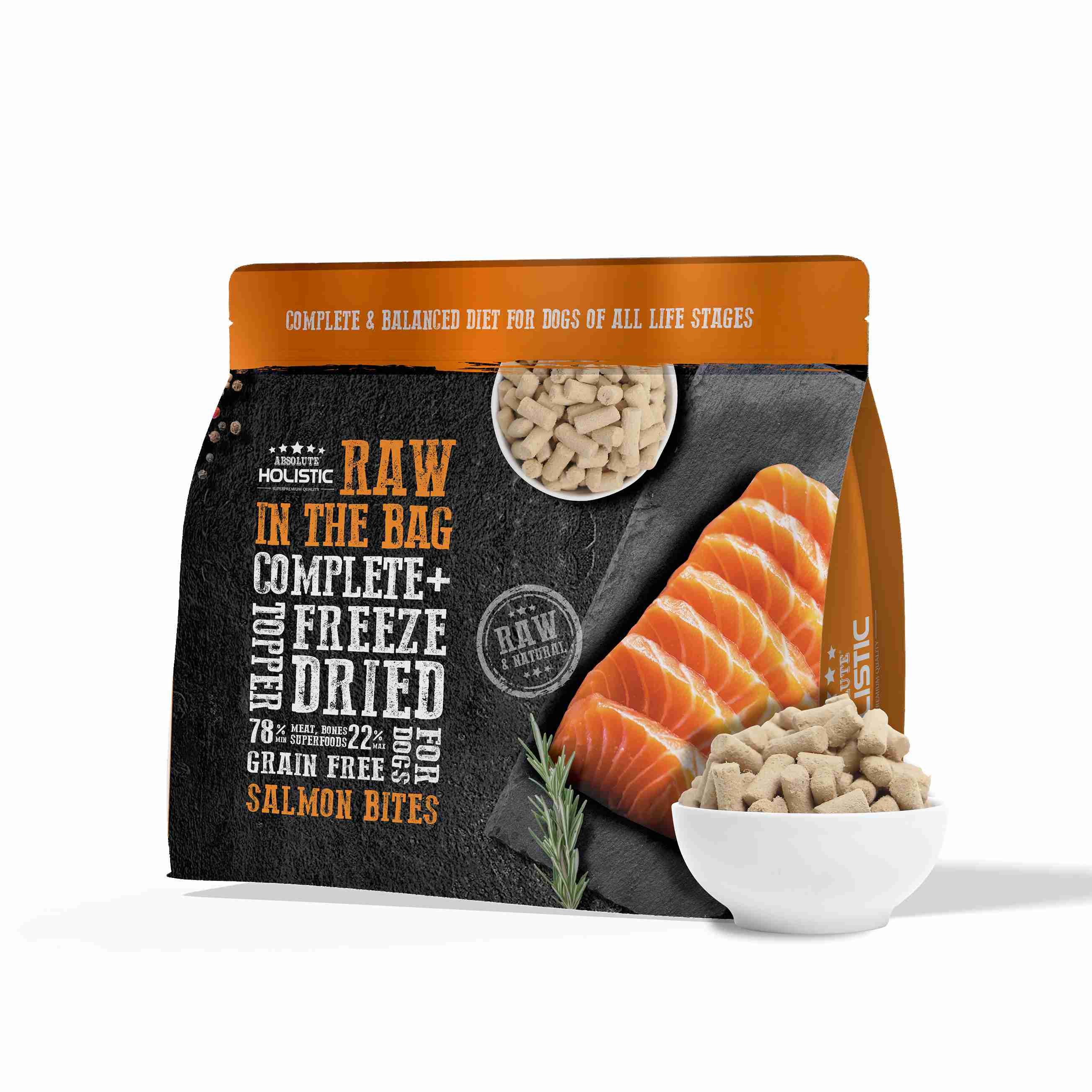 (exp: 16 Apr 2027) Absolute Holistic Raw In The Bag 14oz Salmon Bites Complete Freeze Dried Dog Food