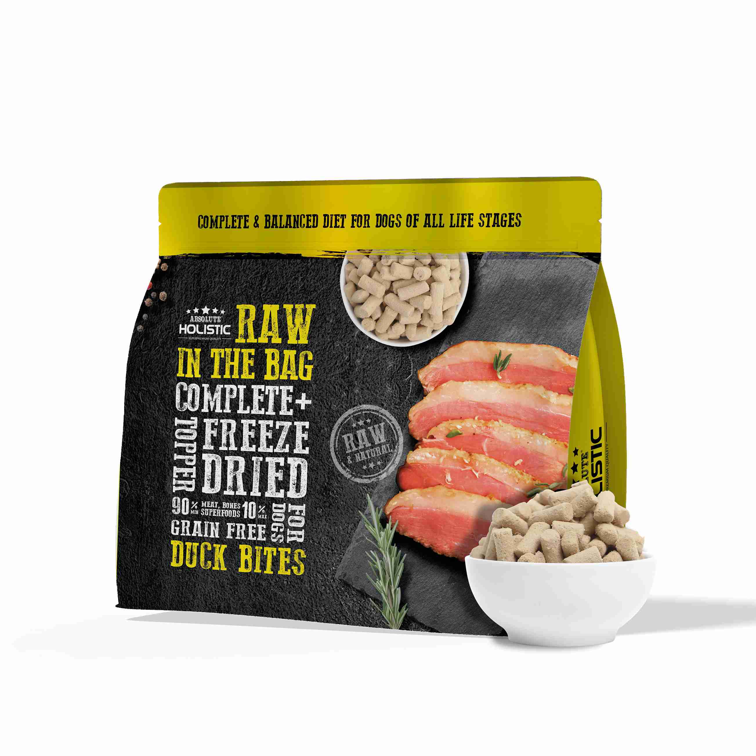 (exp: 12 Apr 2027) Absolute Holistic Raw In The Bag 14oz Duck Bites Complete Freeze Dried Dog Food