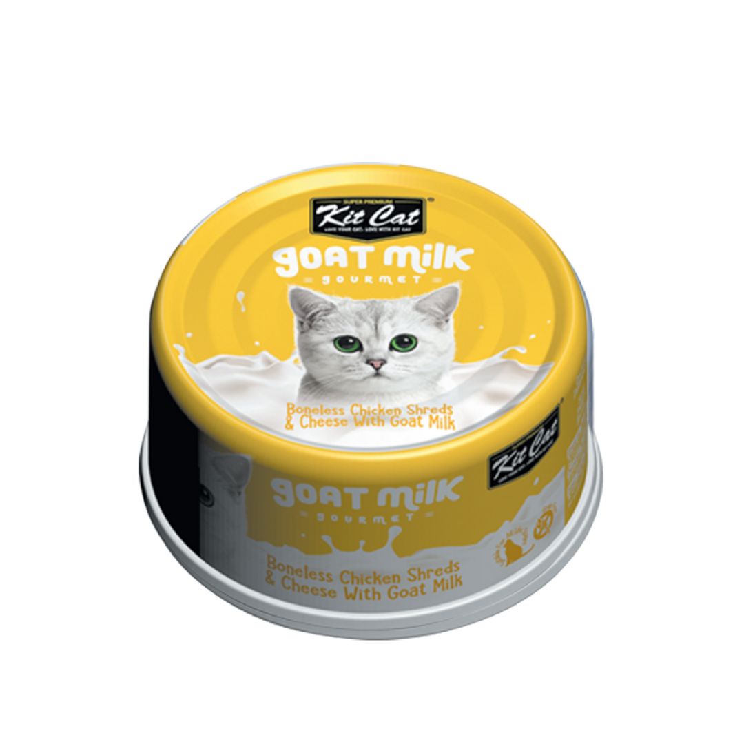 (exp: 18 Mar 2027) Kit Cat 70g Goat Milk Gourmet Boneless Chicken Shreds & Cheese With Goat Milk Wet Cat Food