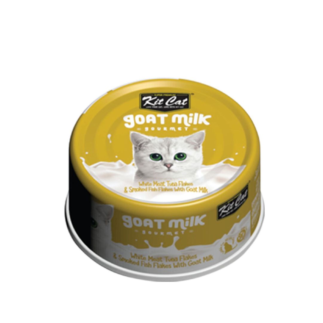 (exp: 20 Feb 2028) Kit Cat 70g Goat Milk Gourmet White Meat Tuna Flakes & Smoked Fish Flakes With Goat Milk Wet Cat Food