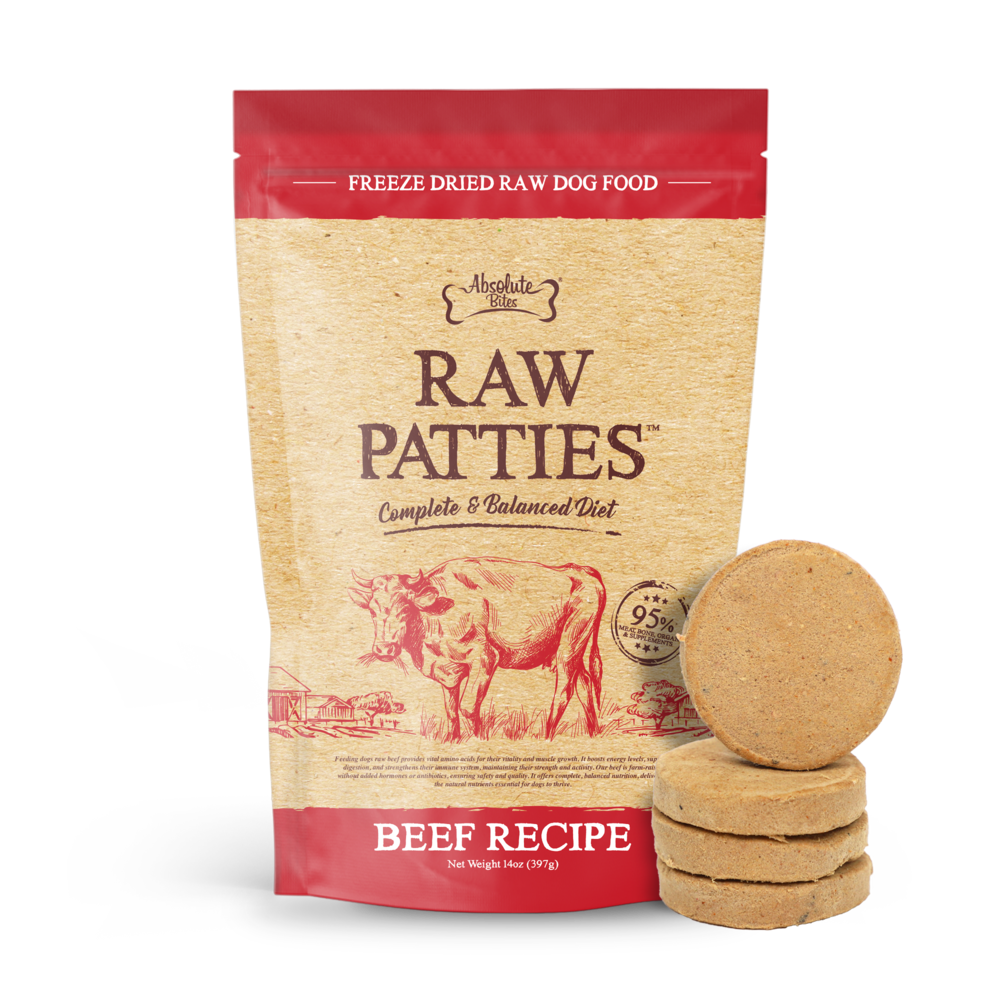 (exp: 05 Jun 2027) Absolute Bites Dog 14oz Freeze Dried Beef Recipe Raw Patties Dry Dog Food