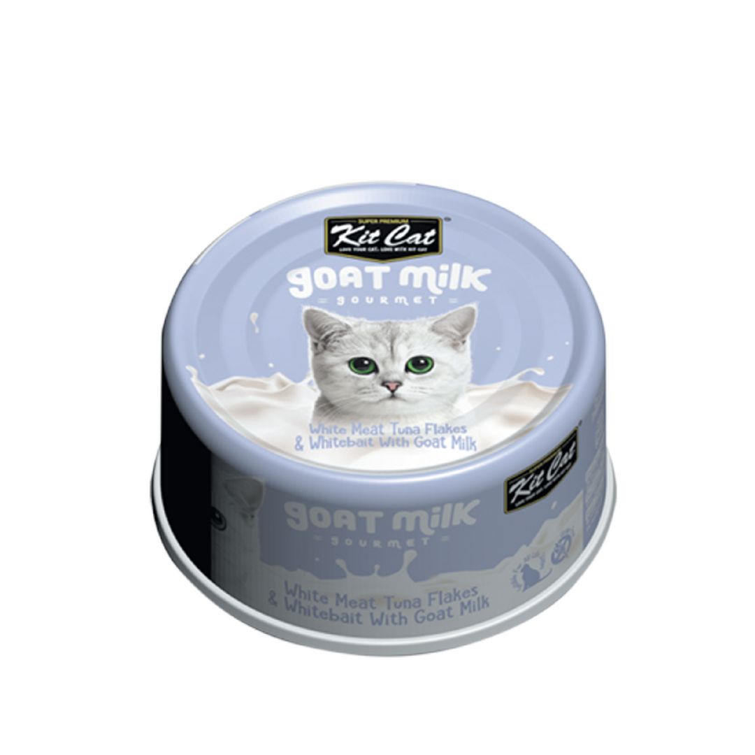 (exp: 05 Nov 2027) Kit Cat 70g Goat Milk Gourmet White Meat Tuna Flakes & Whitebait With Goat Milk Wet Cat Food