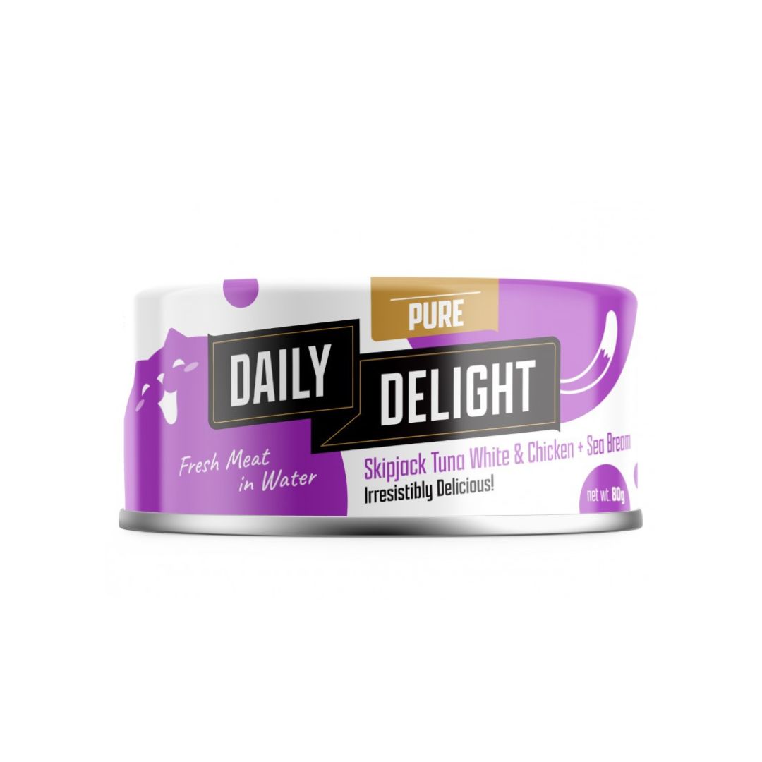 (exp: 24 May 2028) Daily Delight Cat Pure 80g Skipjack Tuna White & Chicken With Sea Bream Wet Cat Food