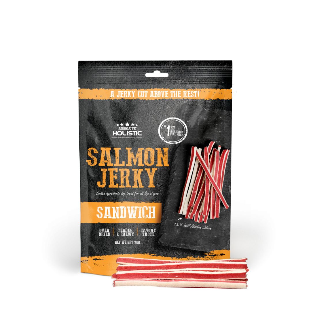 (exp: 20 Feb 2026) Absolute Holistic Dog 100g Jerky Salmon Sandwich Dog Treat