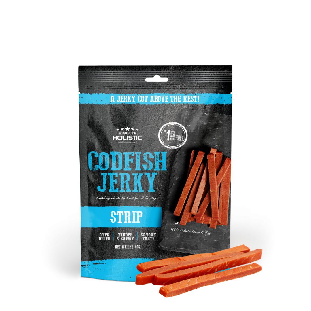 (exp: 25 Feb 2027) Absolute Holistic Dog 100g Jerky Cod Fish Strip Dog Treat