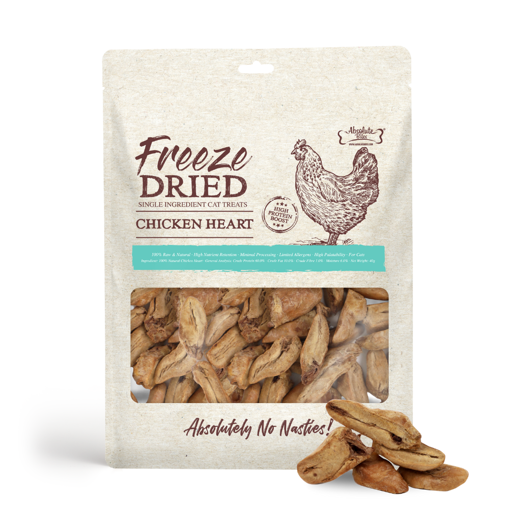 (exp: 06 Feb 2027) Absolute Bites Cat Freeze Dried Raw 40g Chicken Heart Cat Treats