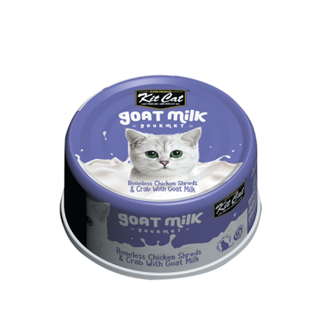 (exp: 20 Sep 2027) Kit Cat 70g Goat Milk Gourmet Boneless Chicken Shreds & Crab With Goat Milk Wet Cat Food
