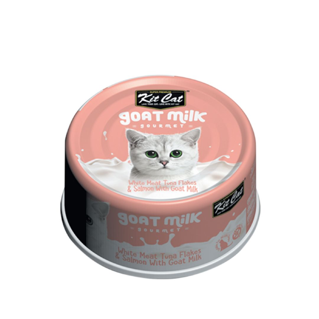 (exp: 05 Nov 2027) Kit Cat 70g Goat Milk Gourmet White Meat Tuna Flakes & Salmon With Goat Milk Wet Cat Food