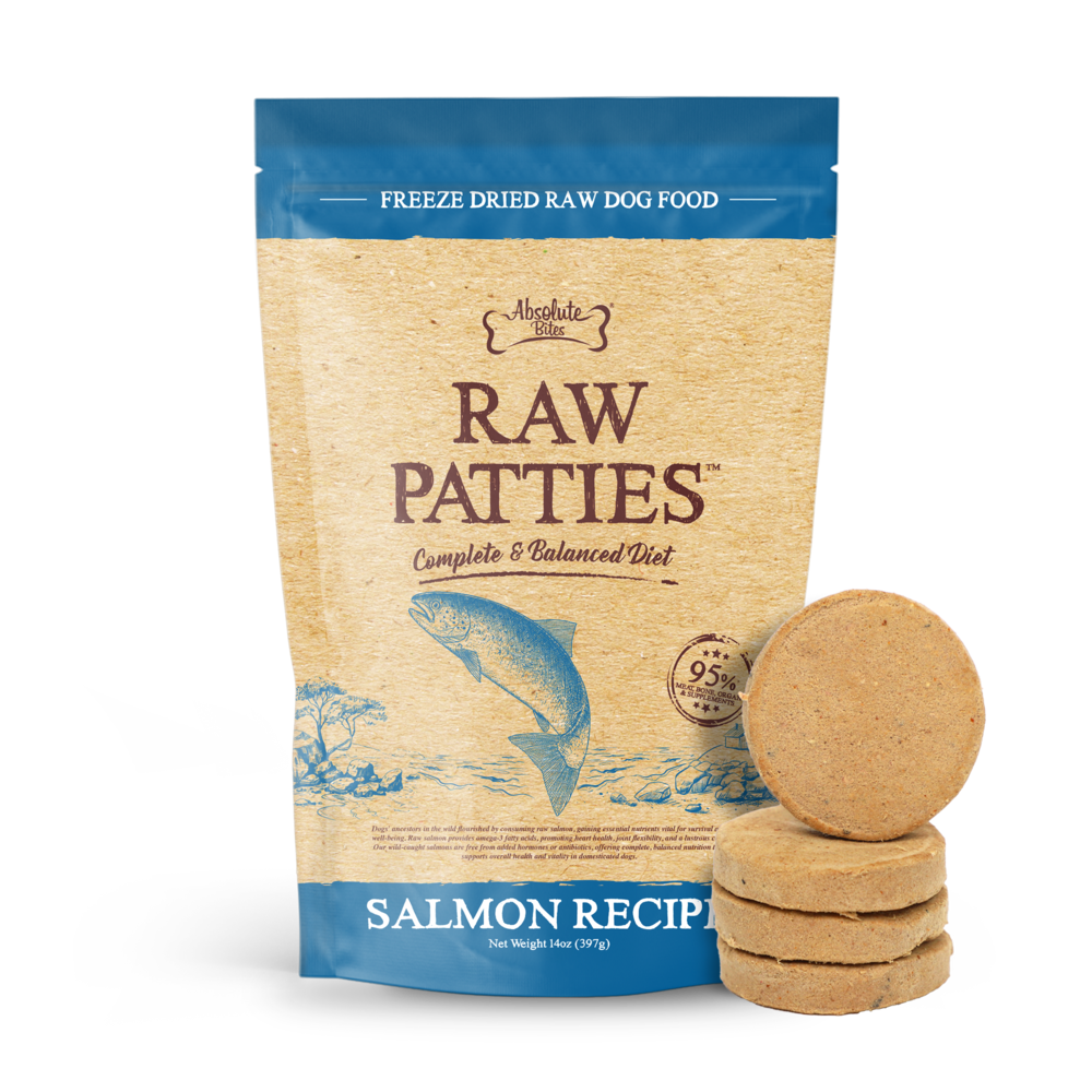 (exp: 08 Sep 2026) Absolute Bites Dog 14oz Freeze Dried Salmon Recipe Raw Patties Dry Dog Food